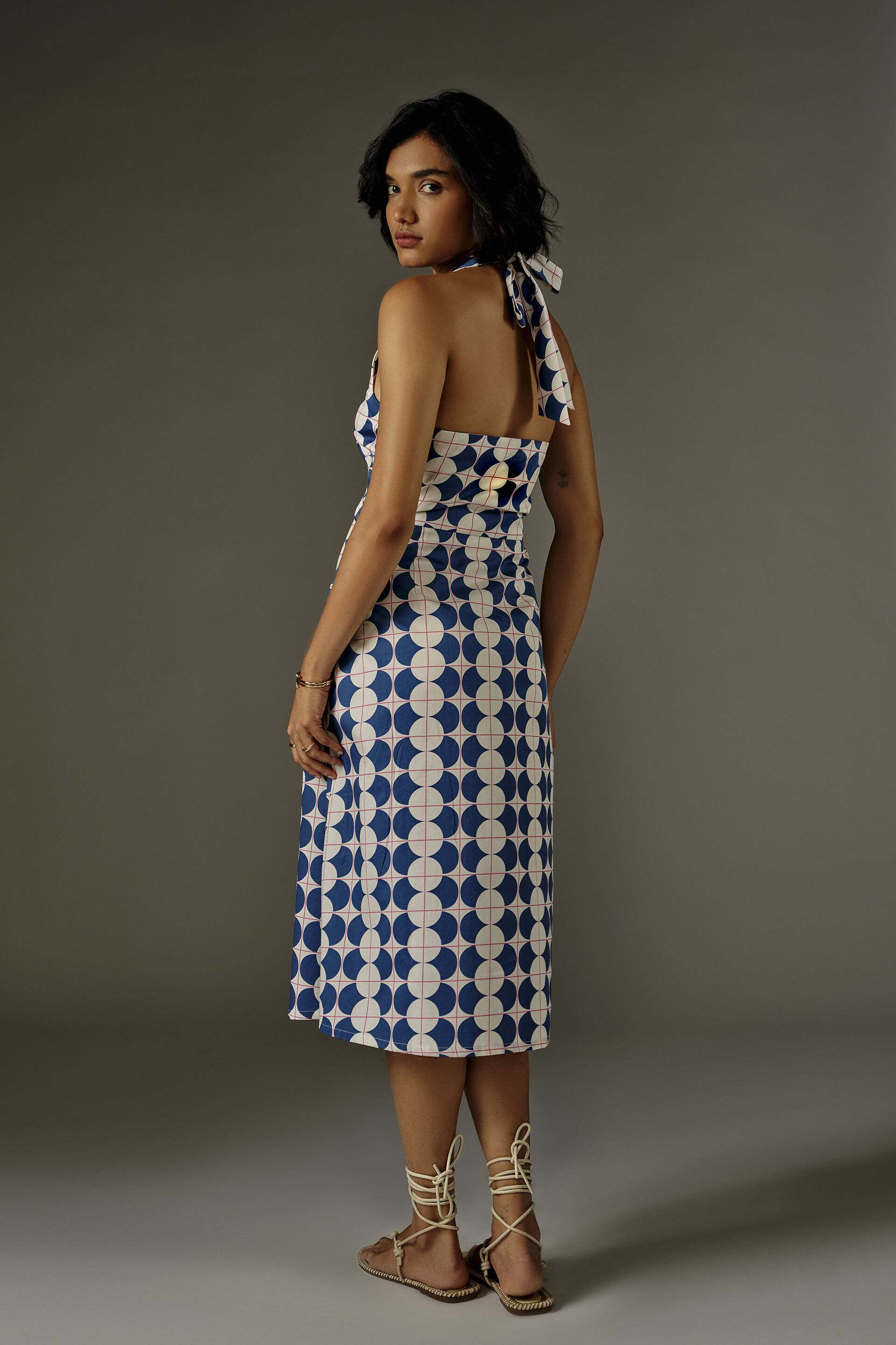 Geometric Print Halter Cotton Dress in Blue, Blue, image 5